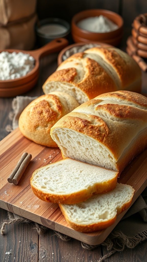Homemade White Bread Recipe for 2 Loaves Two golden brown loaves of homemade white bread on a cutting board, sliced to show fluffy texture.